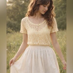 Vintage Petticoat Row Lace Top Butter Yellow Sheer Cottagecore Romantic USA NWT